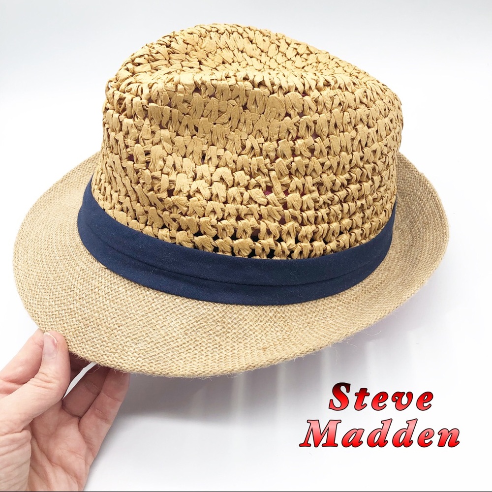 Steve Madden Straw Fedora Hat Navy Fabric Band